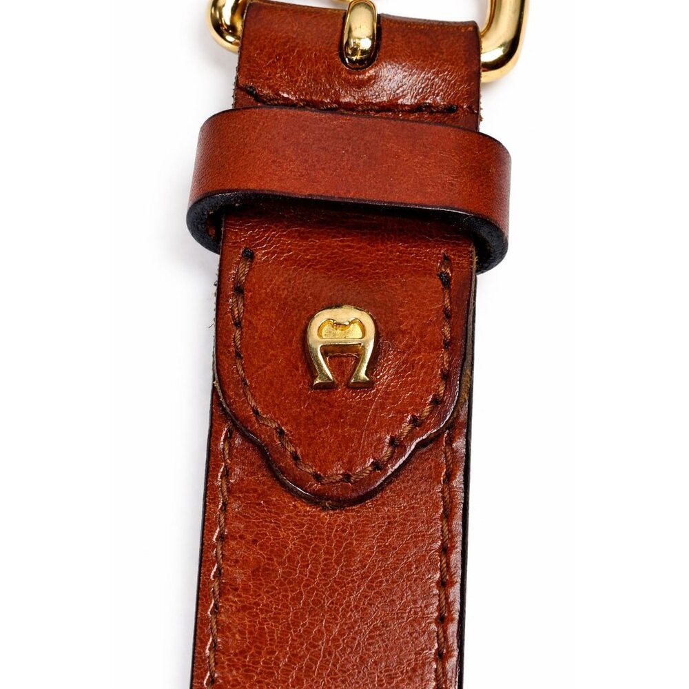 Vtg 90s Etienne Aigner Branded Cognac Brown Leather Belt with Gold Buckle, XL - Picture 2 of 9